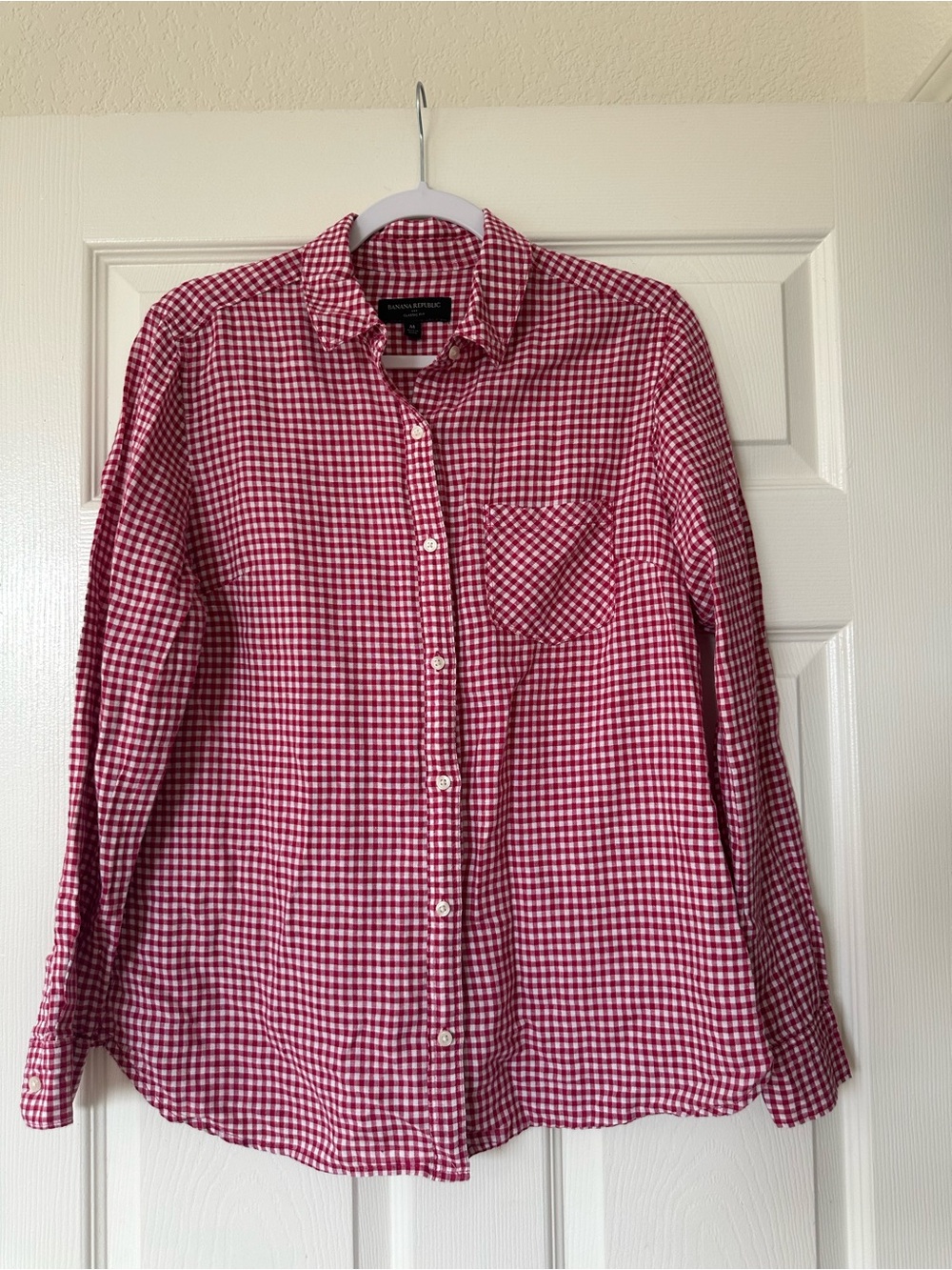 Banana Republic Linen Cotton Classic Fit Button Down Shirt Red Peony Gingham